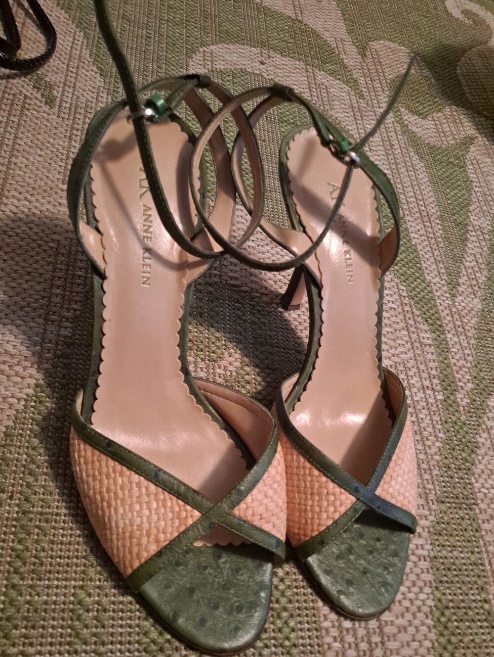 Anne Klein Green Woven and Green Strappy Ankle-Tie Heels
